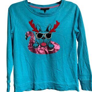 Jane + Delancey Womens Blue Long Sleeve Sweatshirt Fun Dog Flamingo Size Small